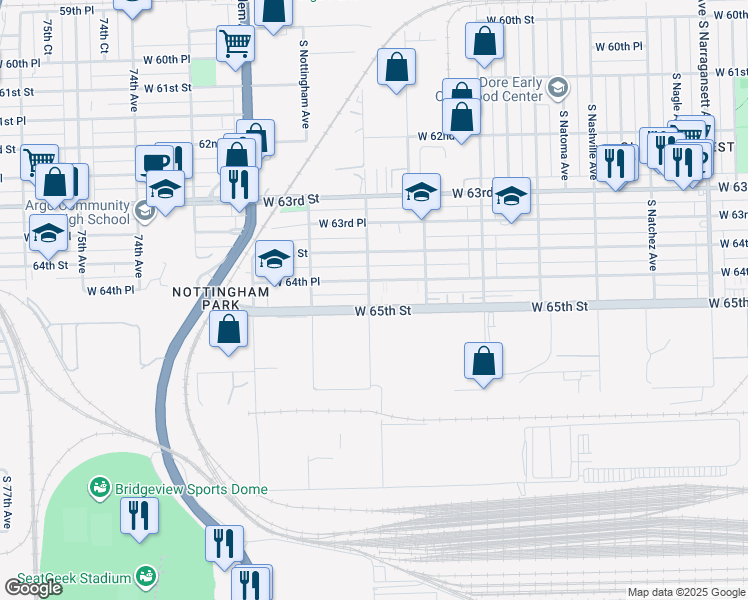 map of restaurants, bars, coffee shops, grocery stores, and more near 6901 West 65th Street in Bedford Park