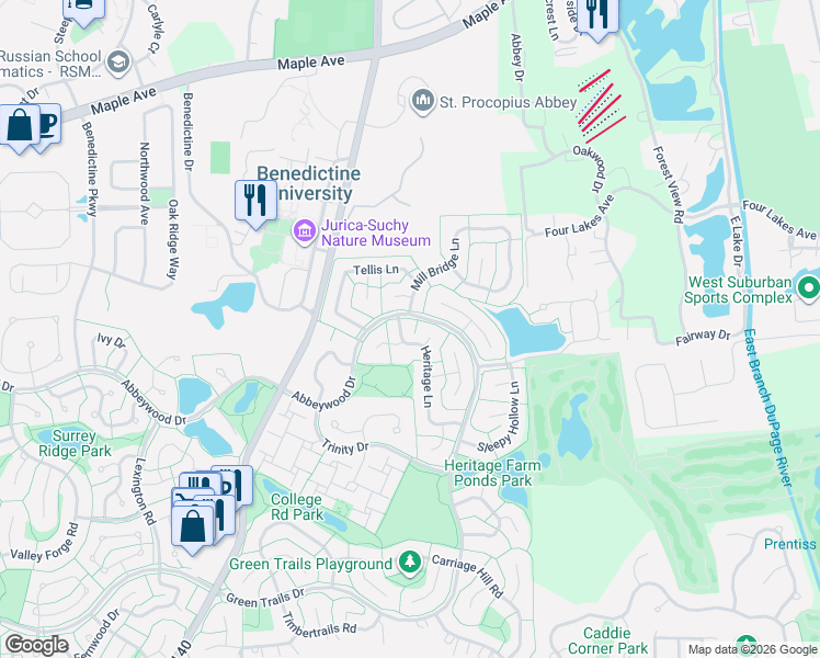 map of restaurants, bars, coffee shops, grocery stores, and more near 2107 Neff Court in Lisle