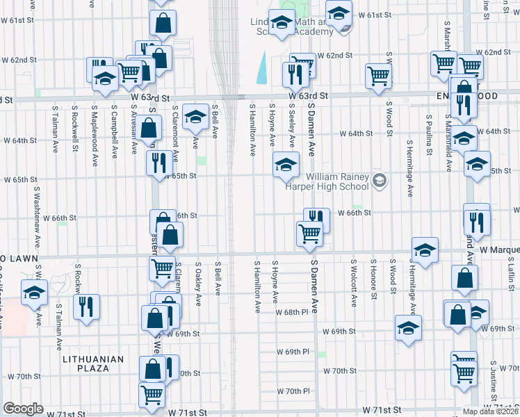 map of restaurants, bars, coffee shops, grocery stores, and more near 6610 South Hoyne Avenue in Chicago