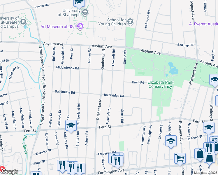 map of restaurants, bars, coffee shops, grocery stores, and more near 76 Bainbridge Road in West Hartford