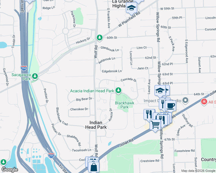map of restaurants, bars, coffee shops, grocery stores, and more near 12 Hawthorne Square in Indian Head Park