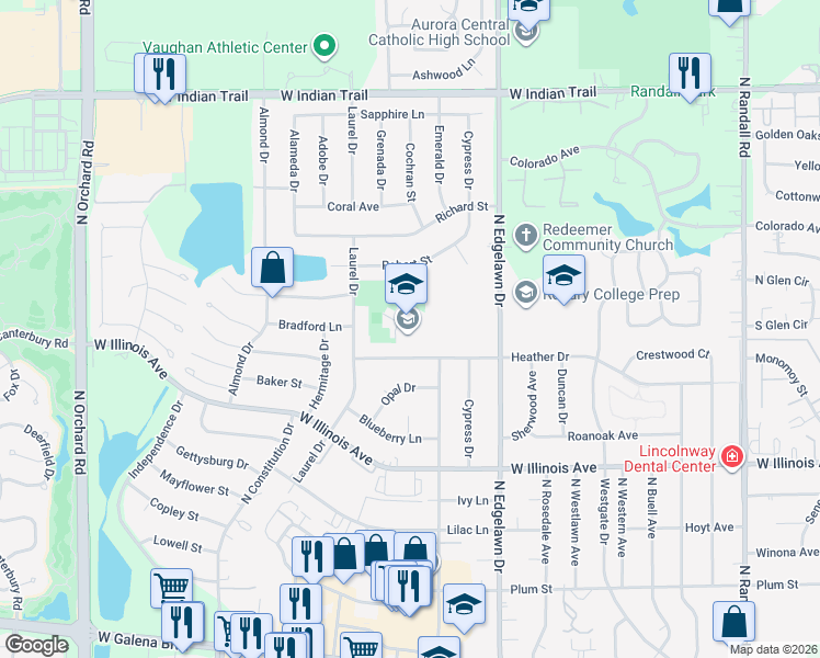 map of restaurants, bars, coffee shops, grocery stores, and more near 2001 Heather Drive in Aurora