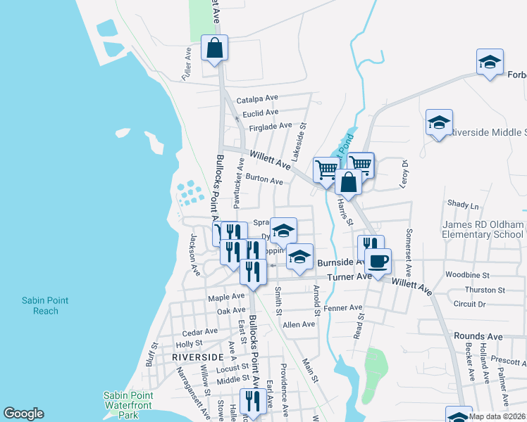 map of restaurants, bars, coffee shops, grocery stores, and more near 27 Sprague Avenue in East Providence