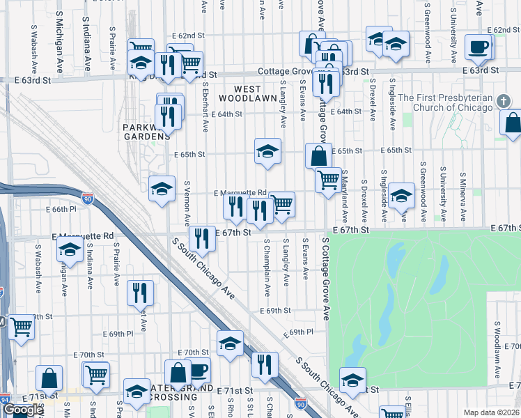 map of restaurants, bars, coffee shops, grocery stores, and more near 6622 South Champlain Avenue in Chicago
