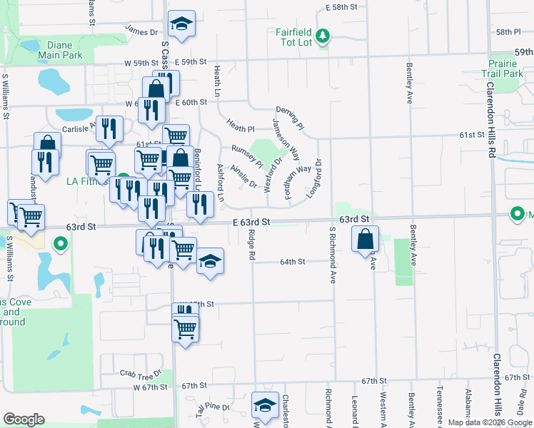 map of restaurants, bars, coffee shops, grocery stores, and more near 547 East 63rd Street in Willowbrook