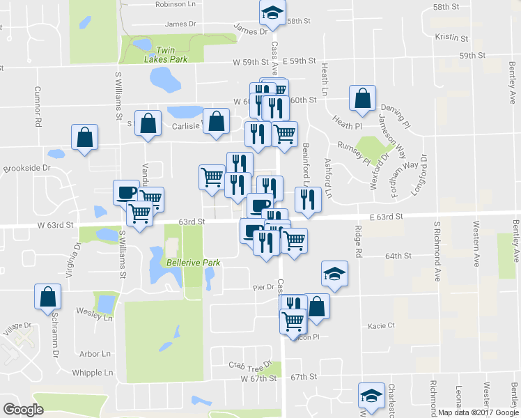 map of restaurants, bars, coffee shops, grocery stores, and more near 8 West 63rd Street in Westmont
