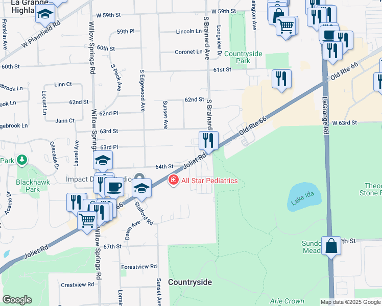 map of restaurants, bars, coffee shops, grocery stores, and more near 902 Joliet Road in Countryside