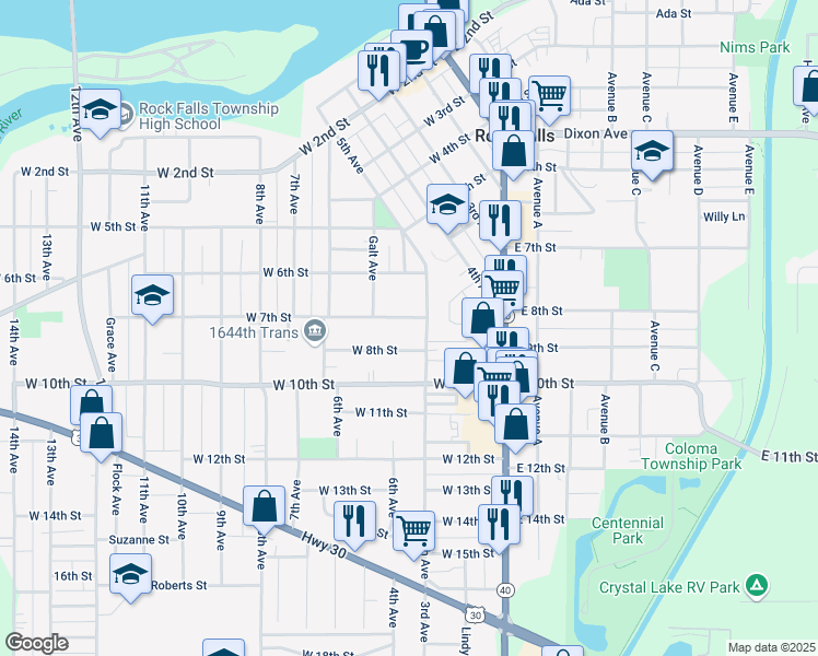 map of restaurants, bars, coffee shops, grocery stores, and more near 710 5th Avenue in Rock Falls