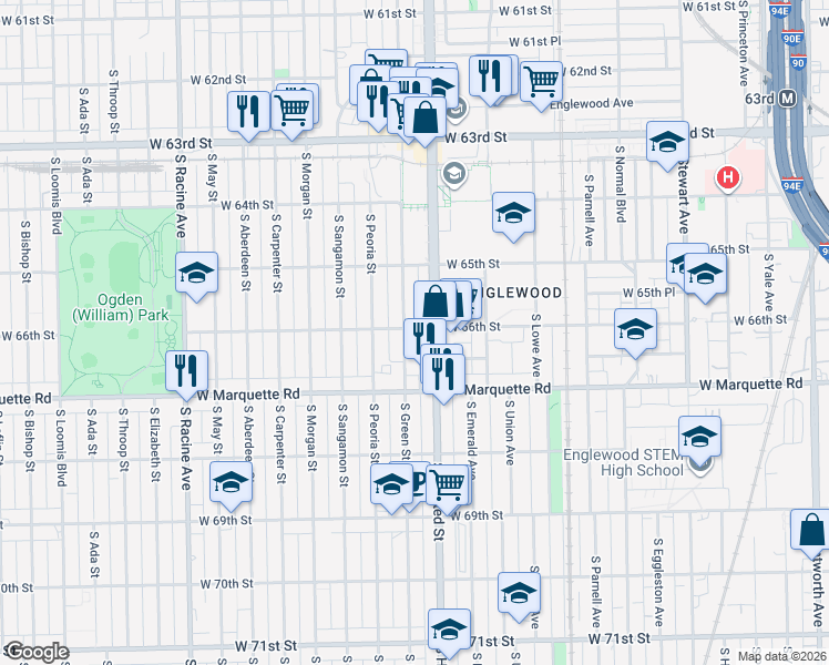 map of restaurants, bars, coffee shops, grocery stores, and more near 6618 South Halsted Street in Chicago