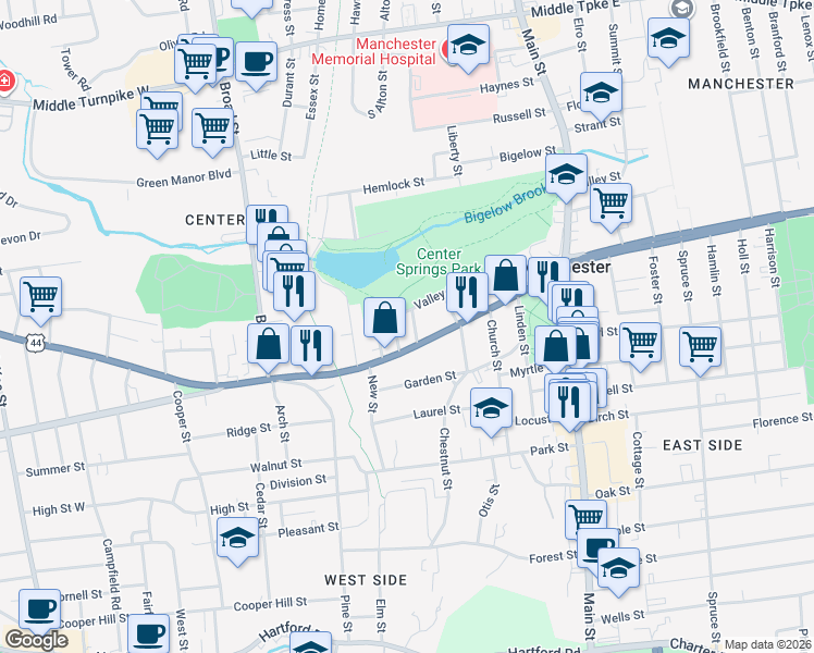 map of restaurants, bars, coffee shops, grocery stores, and more near 205 Center Street in Manchester