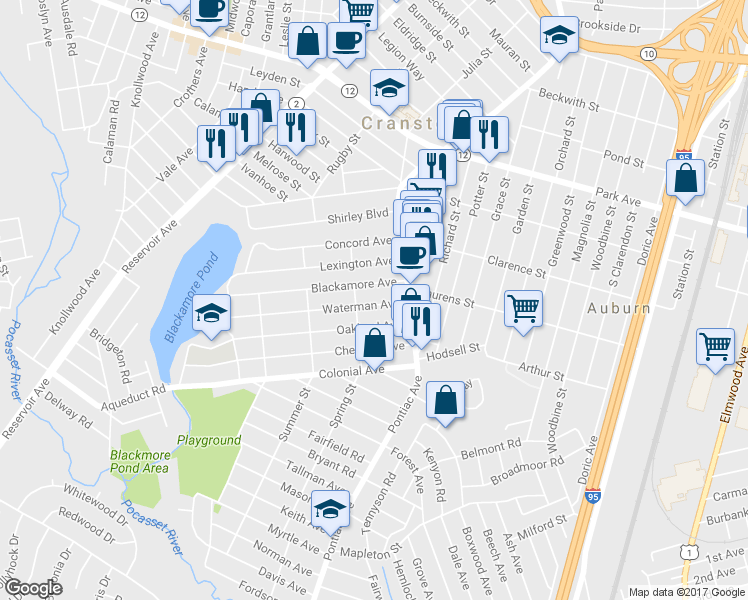 map of restaurants, bars, coffee shops, grocery stores, and more near 25 Waterman Avenue in Cranston