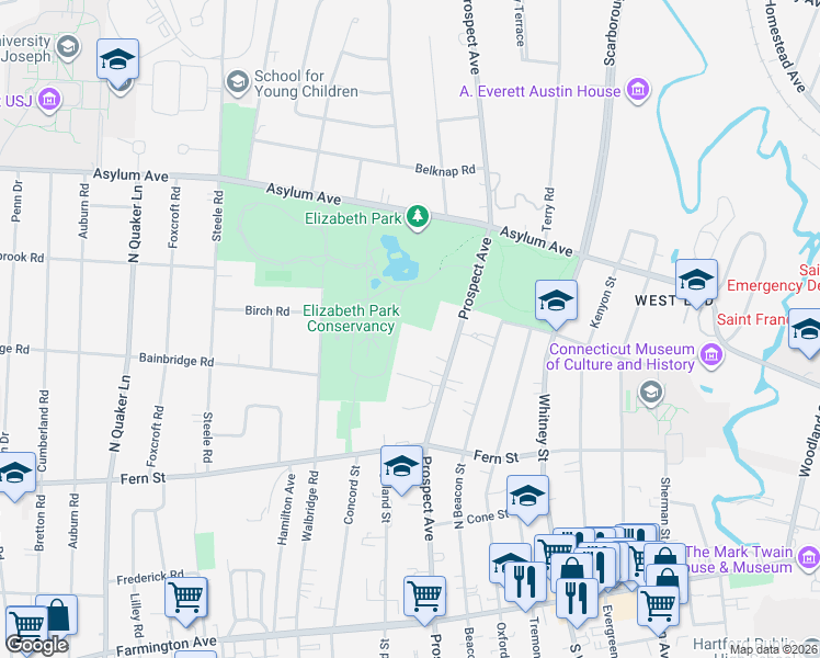 map of restaurants, bars, coffee shops, grocery stores, and more near 851 Prospect Avenue in Hartford