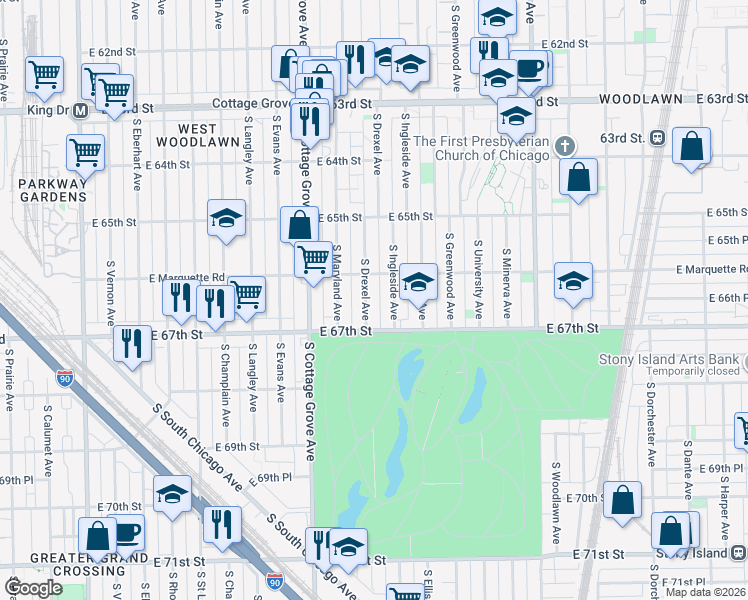 map of restaurants, bars, coffee shops, grocery stores, and more near 6651 South Drexel Avenue in Chicago