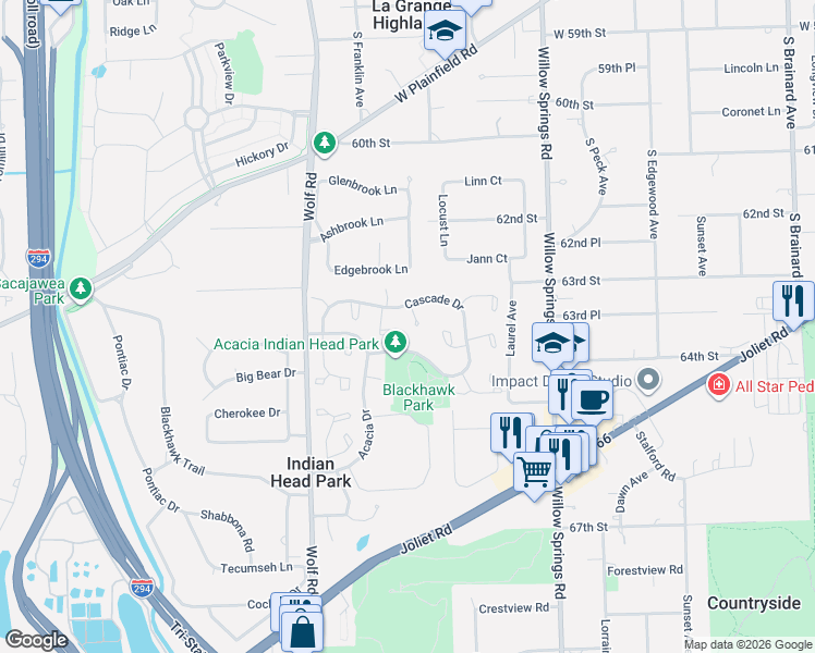 map of restaurants, bars, coffee shops, grocery stores, and more near 112 Cascade Drive in Indian Head Park