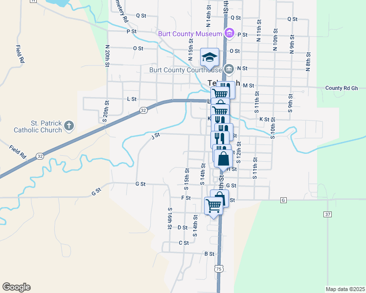 map of restaurants, bars, coffee shops, grocery stores, and more near 522 South 15th Street in Tekamah
