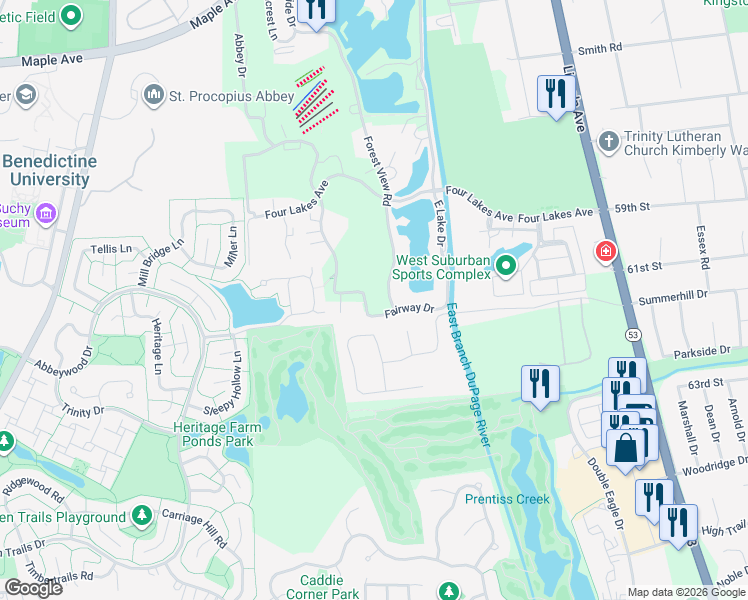 map of restaurants, bars, coffee shops, grocery stores, and more near 6020 Oakwood Drive in Lisle
