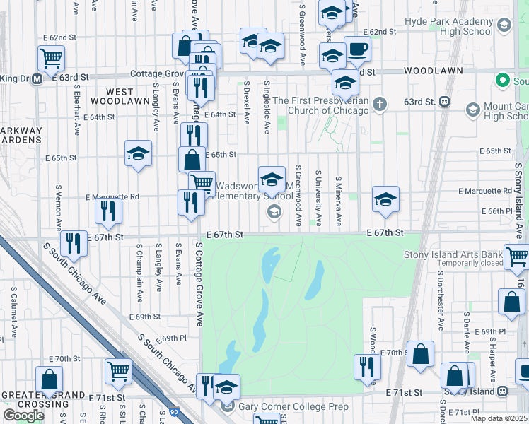 map of restaurants, bars, coffee shops, grocery stores, and more near 6625 South Ingleside Avenue in Chicago