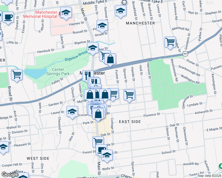 map of restaurants, bars, coffee shops, grocery stores, and more near 55 Pearl Street in Manchester
