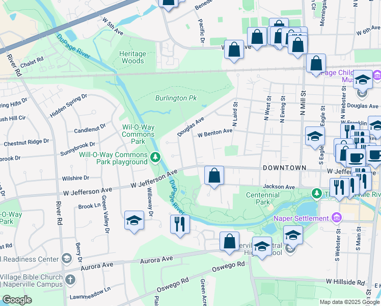 map of restaurants, bars, coffee shops, grocery stores, and more near 1056 Douglas Avenue in Naperville