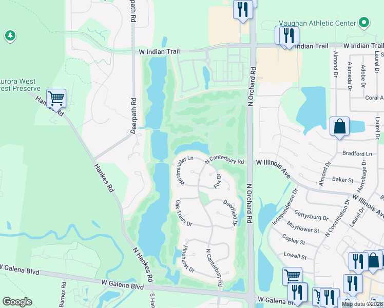 map of restaurants, bars, coffee shops, grocery stores, and more near 2593 Westminster Lane in Aurora