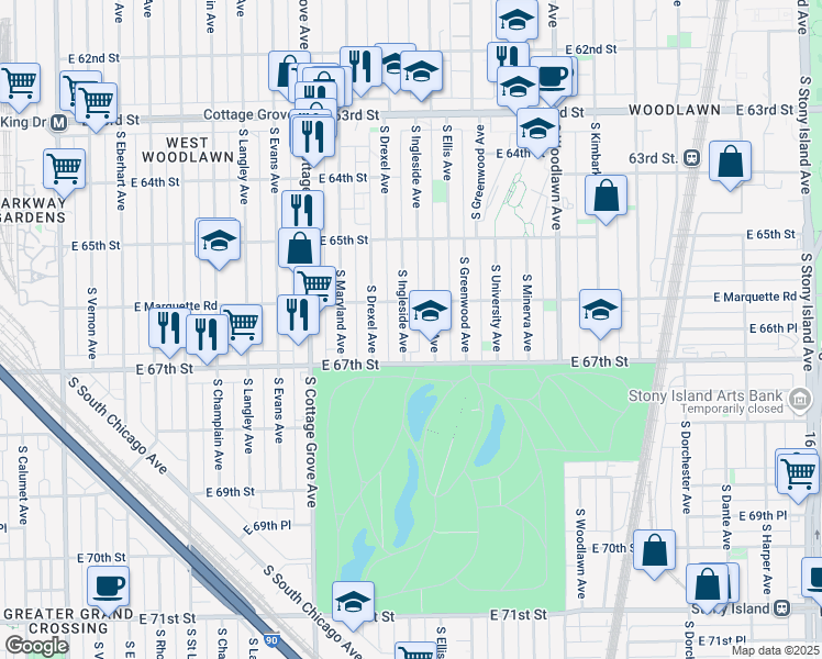 map of restaurants, bars, coffee shops, grocery stores, and more near 6625 South Ingleside Avenue in Chicago