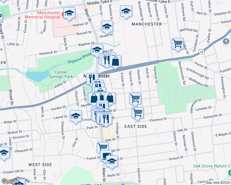 map of restaurants, bars, coffee shops, grocery stores, and more near 51 Pearl Street in Manchester