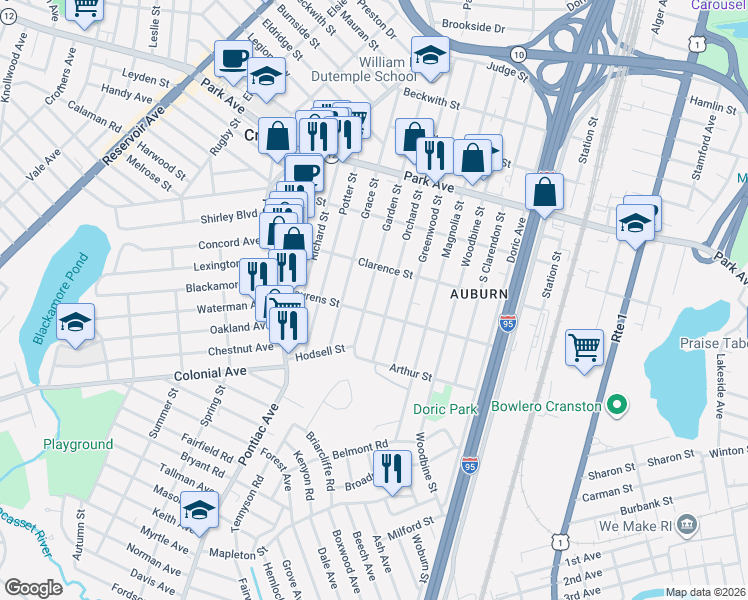 map of restaurants, bars, coffee shops, grocery stores, and more near 144 Laurens Street in Cranston