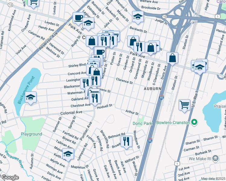 map of restaurants, bars, coffee shops, grocery stores, and more near 228 Grace Street in Cranston