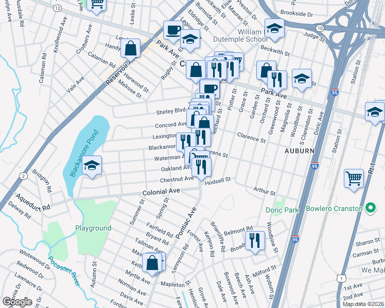 map of restaurants, bars, coffee shops, grocery stores, and more near 505 Pontiac Avenue in Cranston