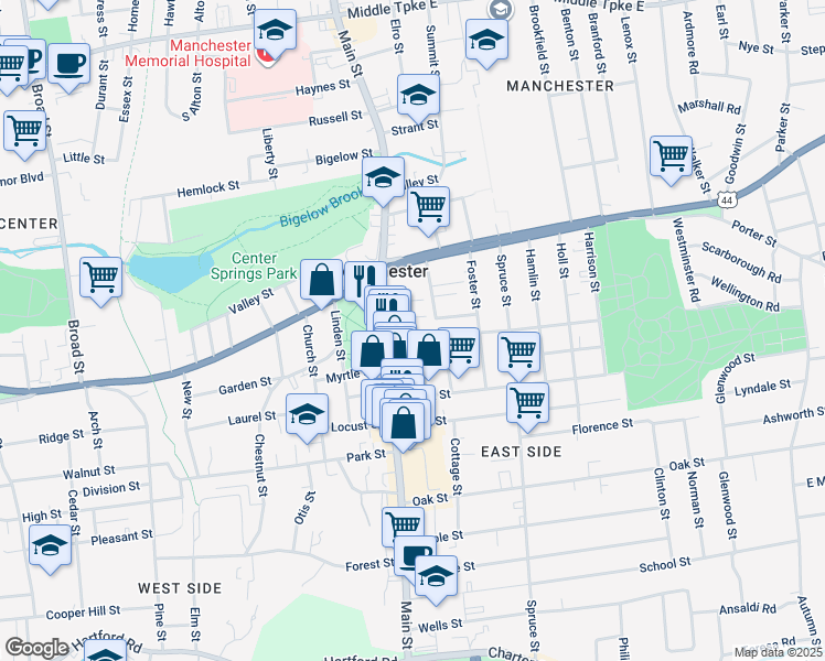 map of restaurants, bars, coffee shops, grocery stores, and more near 12 Pearl Street in Manchester