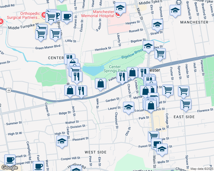map of restaurants, bars, coffee shops, grocery stores, and more near 205 Center Street in Manchester