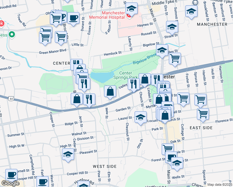 map of restaurants, bars, coffee shops, grocery stores, and more near 205 Center Street in Manchester