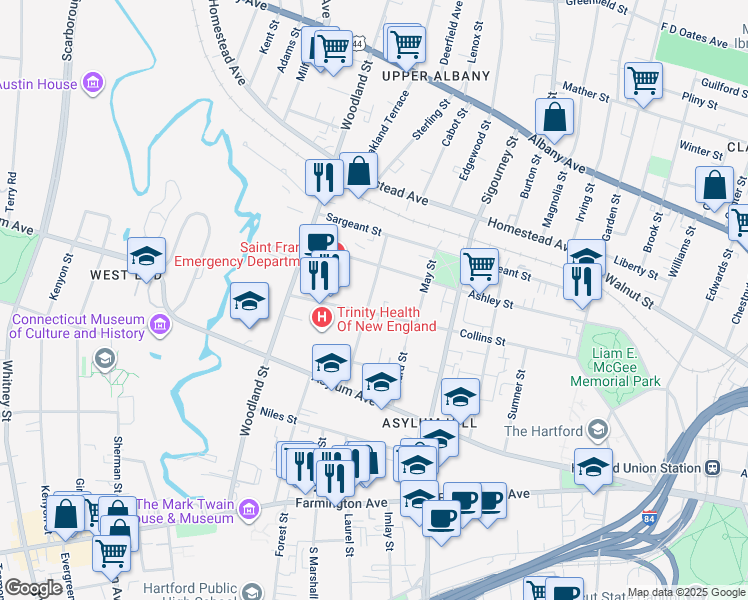 map of restaurants, bars, coffee shops, grocery stores, and more near 30 Atwood Street in Hartford