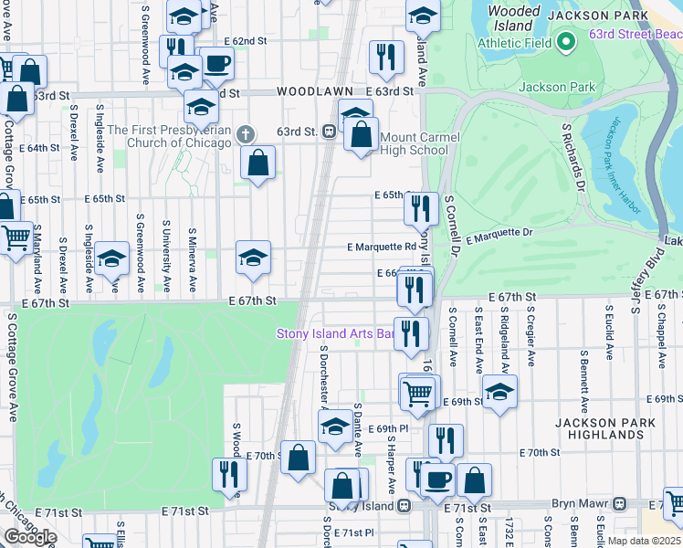 map of restaurants, bars, coffee shops, grocery stores, and more near 1412 East 67th Street in Chicago