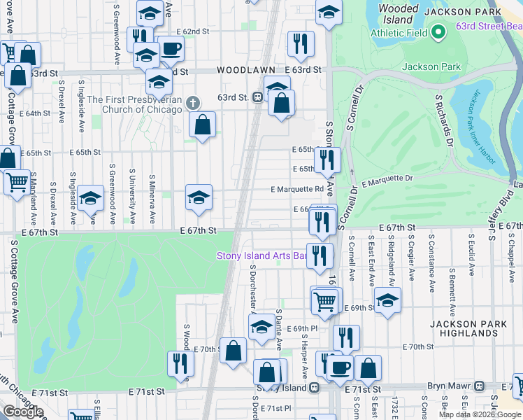 map of restaurants, bars, coffee shops, grocery stores, and more near 1412 East 67th Street in Chicago