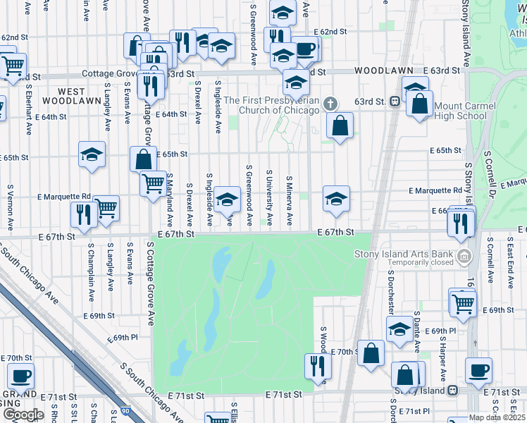 map of restaurants, bars, coffee shops, grocery stores, and more near 6652 South University Avenue in Chicago