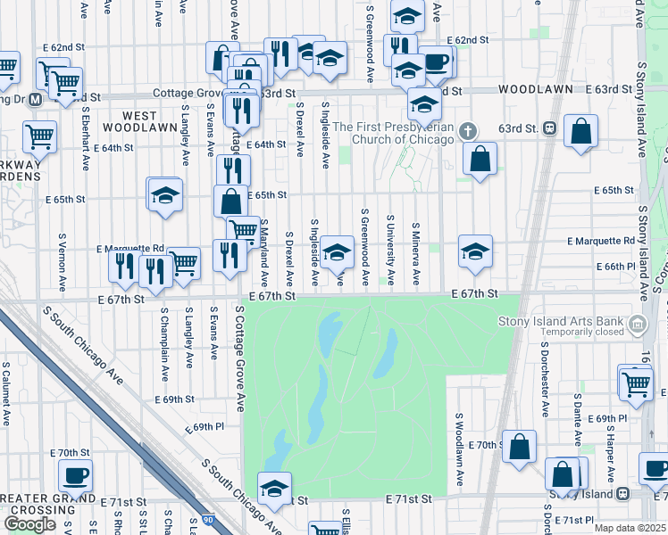 map of restaurants, bars, coffee shops, grocery stores, and more near 6650 South Ellis Avenue in Chicago