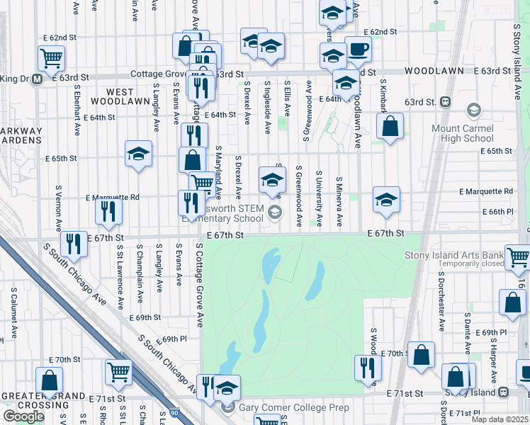 map of restaurants, bars, coffee shops, grocery stores, and more near 6676 South Ellis Avenue in Chicago