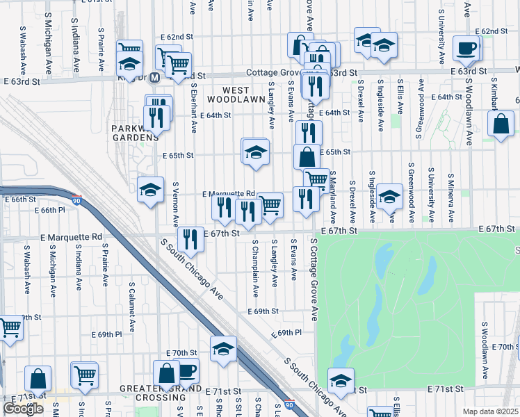 map of restaurants, bars, coffee shops, grocery stores, and more near 6649 South Champlain Avenue in Chicago