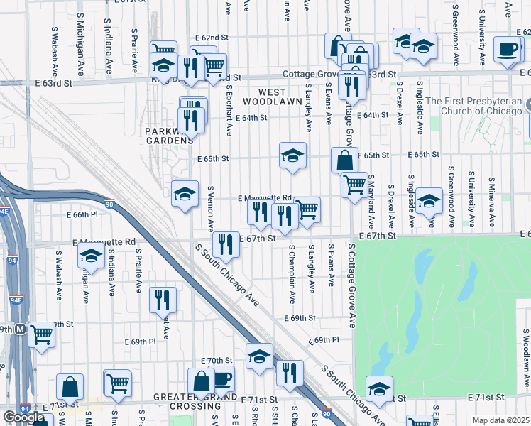map of restaurants, bars, coffee shops, grocery stores, and more near 6647 South Saint Lawrence Avenue in Chicago