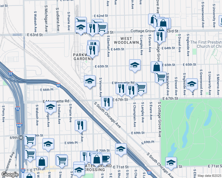 map of restaurants, bars, coffee shops, grocery stores, and more near 6644 South Marquette Road in Chicago