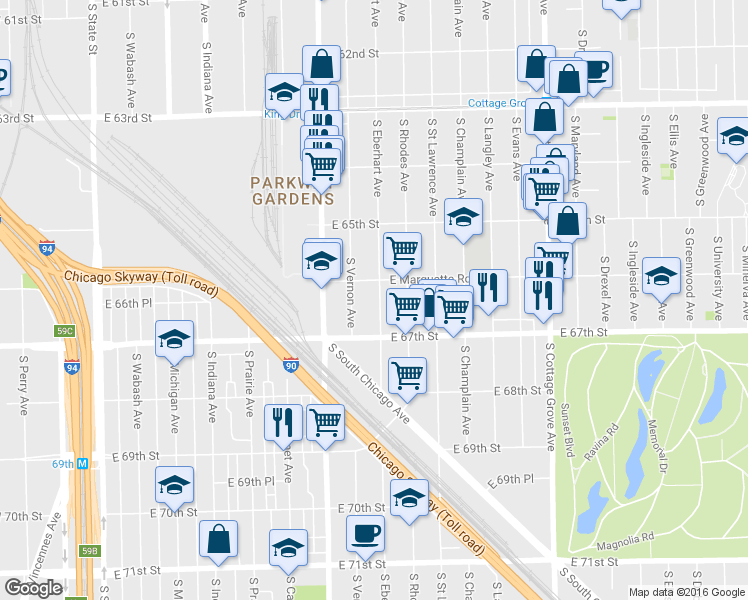 map of restaurants, bars, coffee shops, grocery stores, and more near 6644 South Marquette Road in Chicago