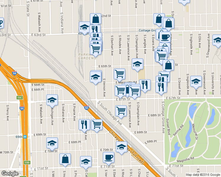 map of restaurants, bars, coffee shops, grocery stores, and more near 6644 South Marquette Road in Chicago