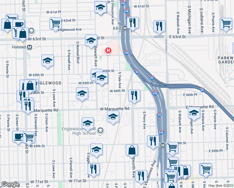 map of restaurants, bars, coffee shops, grocery stores, and more near 6633 South Yale Avenue in Chicago