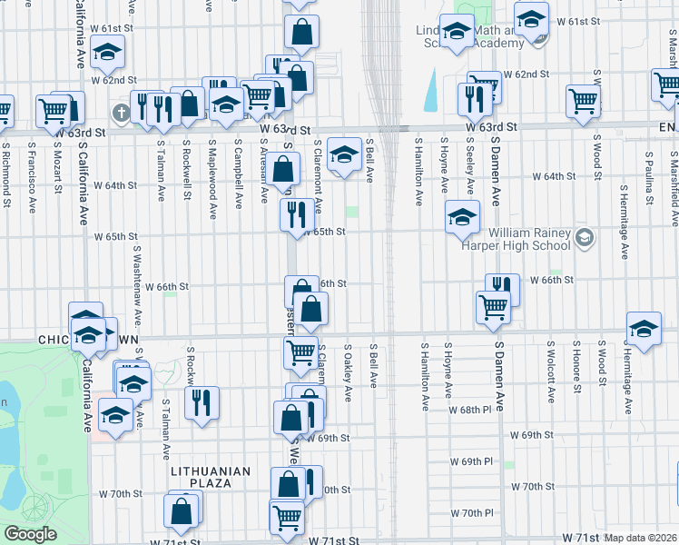 map of restaurants, bars, coffee shops, grocery stores, and more near 6608 South Oakley Avenue in Chicago