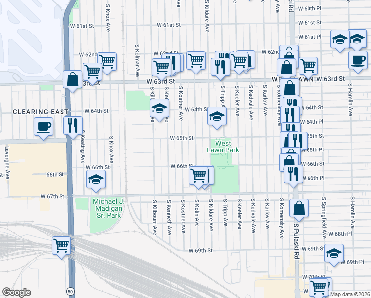 map of restaurants, bars, coffee shops, grocery stores, and more near 6549 South Kostner Avenue in Chicago