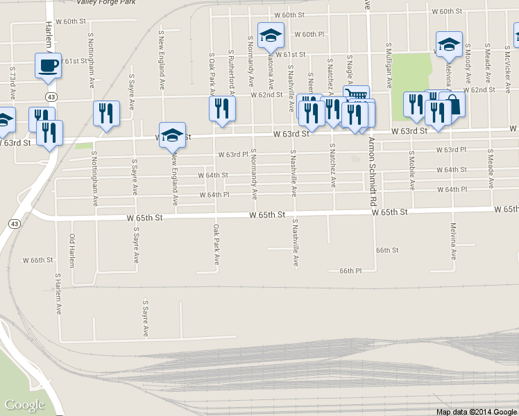 map of restaurants, bars, coffee shops, grocery stores, and more near 6633 West 65th Street in Bedford Park