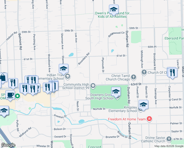map of restaurants, bars, coffee shops, grocery stores, and more near 6243 Springside Avenue in Downers Grove