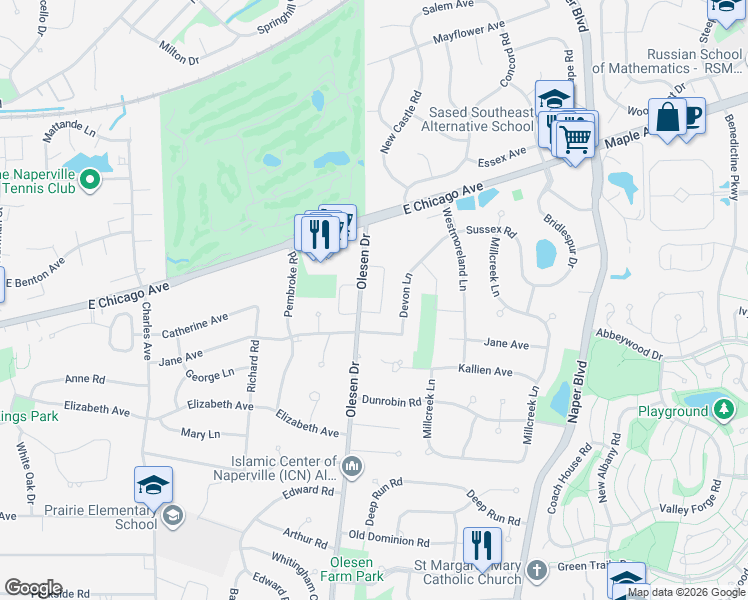 map of restaurants, bars, coffee shops, grocery stores, and more near 1311 Jane Avenue in Naperville