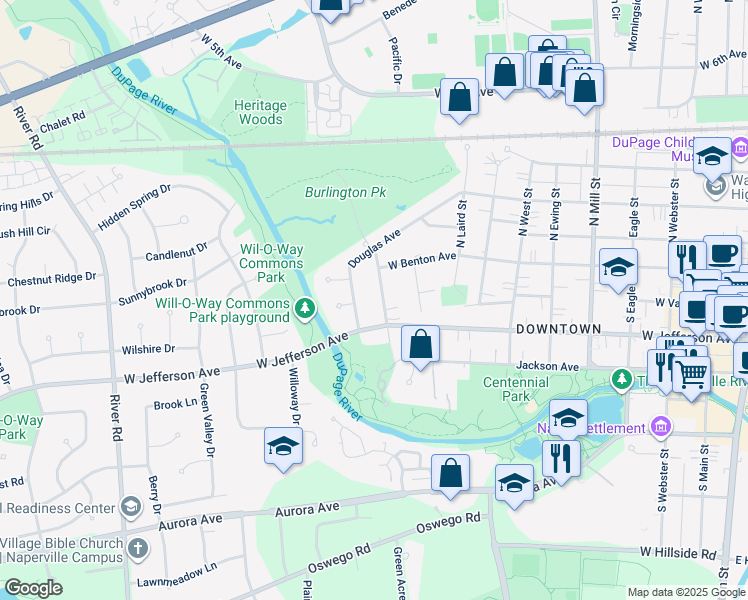 map of restaurants, bars, coffee shops, grocery stores, and more near 1056 Douglas Avenue in Naperville